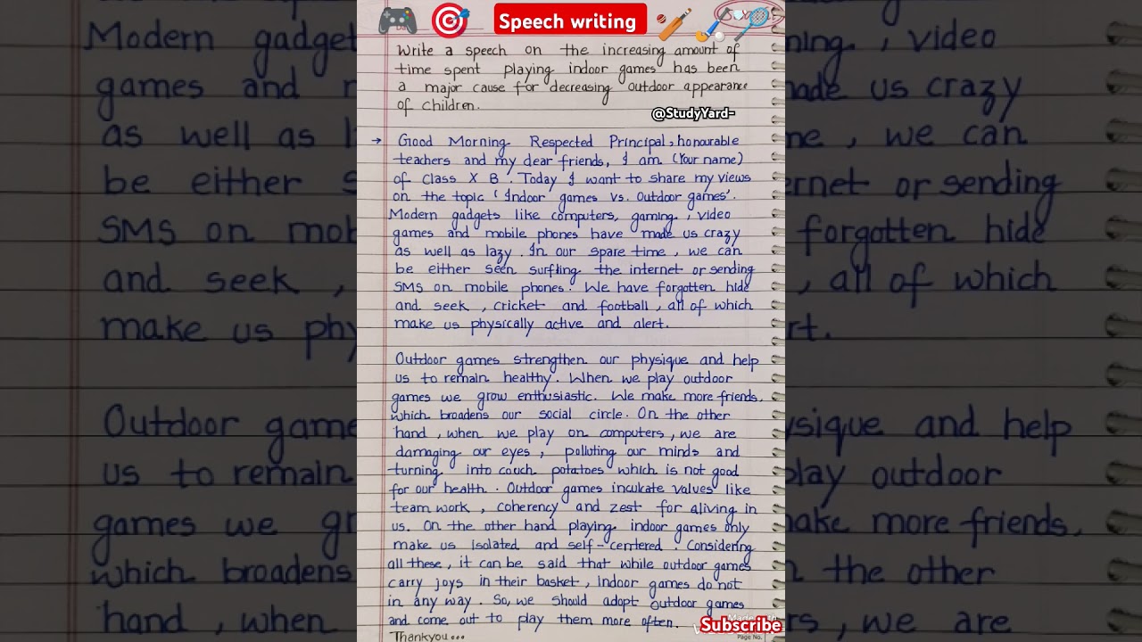 Speech writing format l speech writing l indoor games vs outdoor games l speech writing class 11