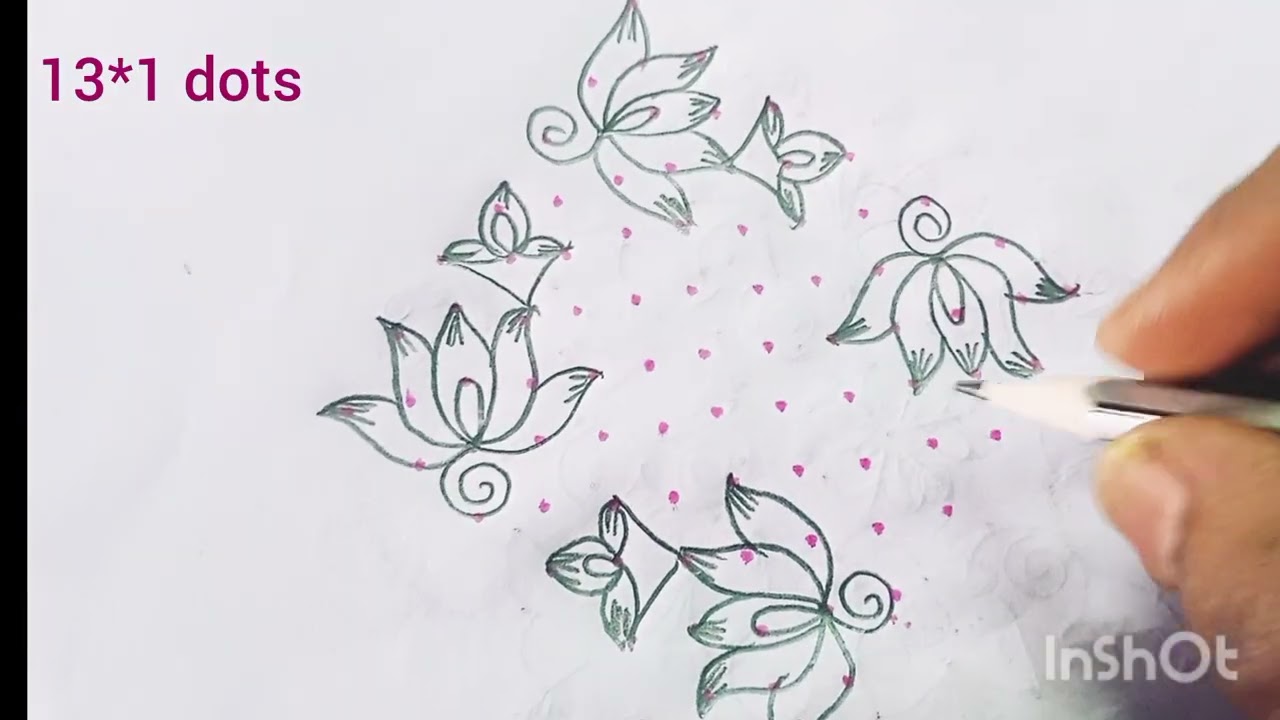 13*1 daily morning muggulu Lotus flower rangoli with dots 🌺🌹🌺🌺