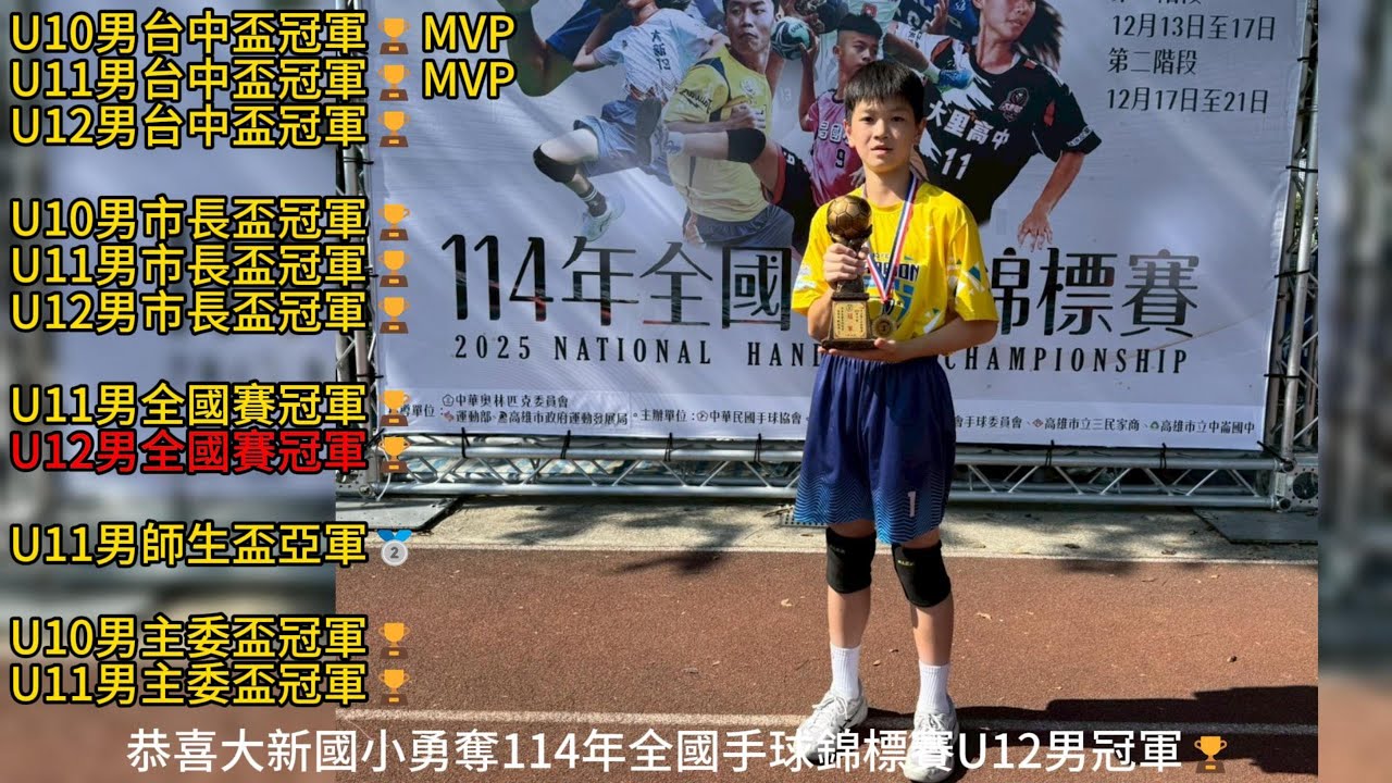 【全國賽】U12男冠軍（大新國小）🏆三寶弟精彩射門得分影片～114學年（2025）全國手球錦標賽