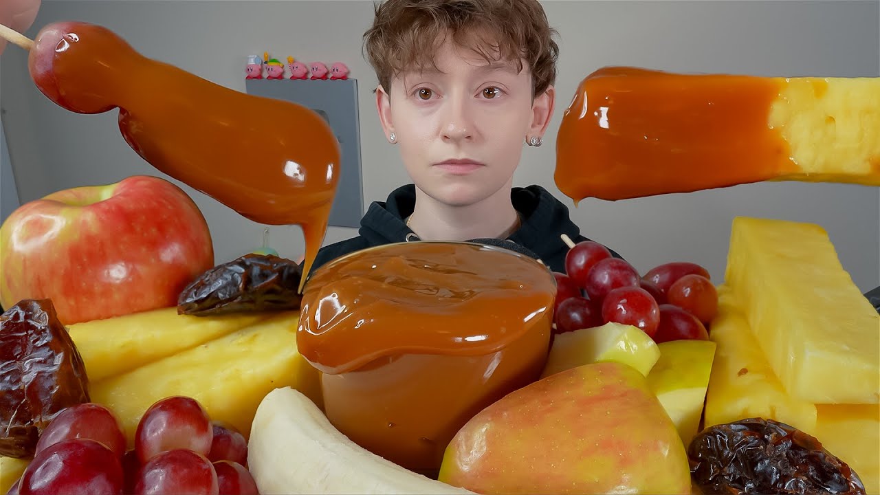 ASMR Fresh Fruit with Caramel Dip *Grapes, Bananas, Pineapple, Apple, Dates