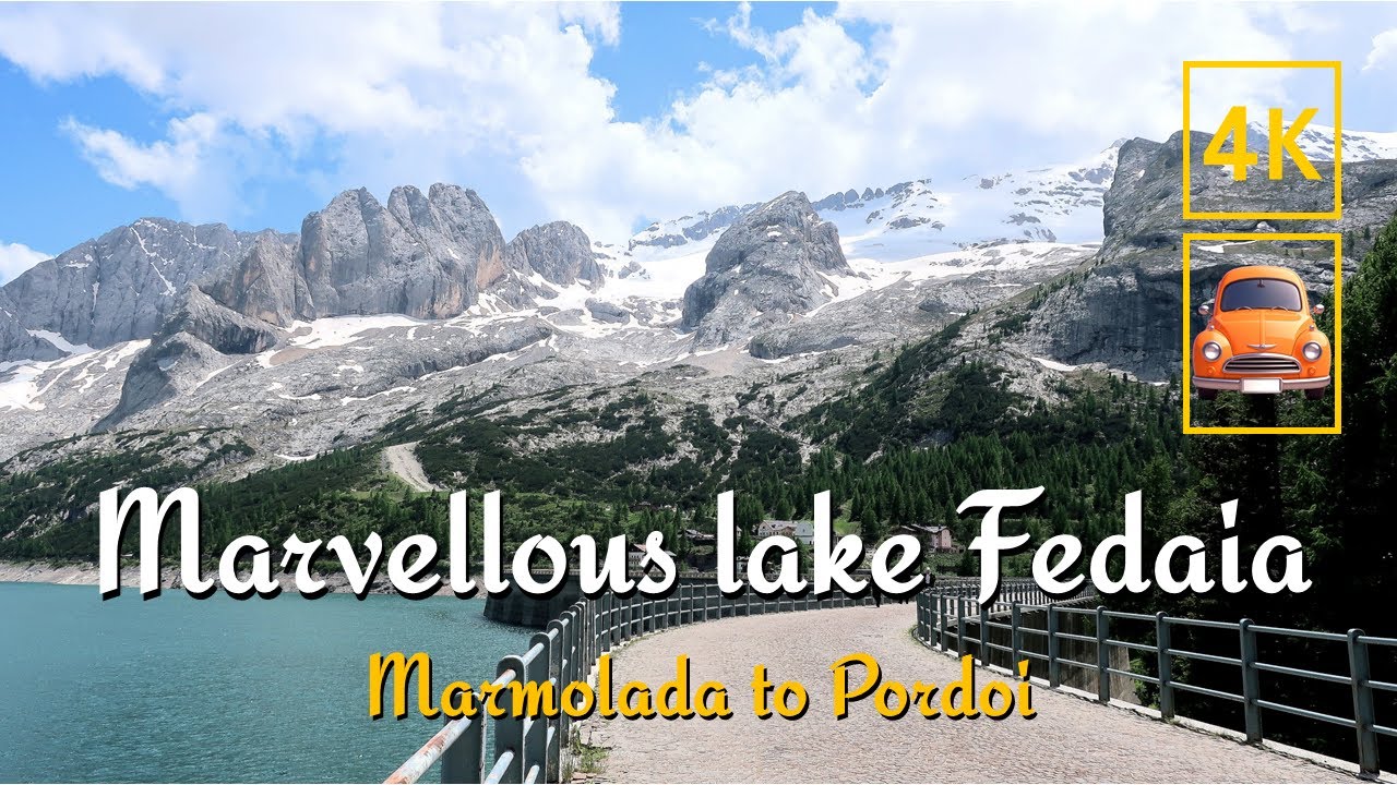 🇮🇹 A marvellous Lake Fedaia and Drive to the base of Sass Pordoi of a plateau-like rock summit | 4K