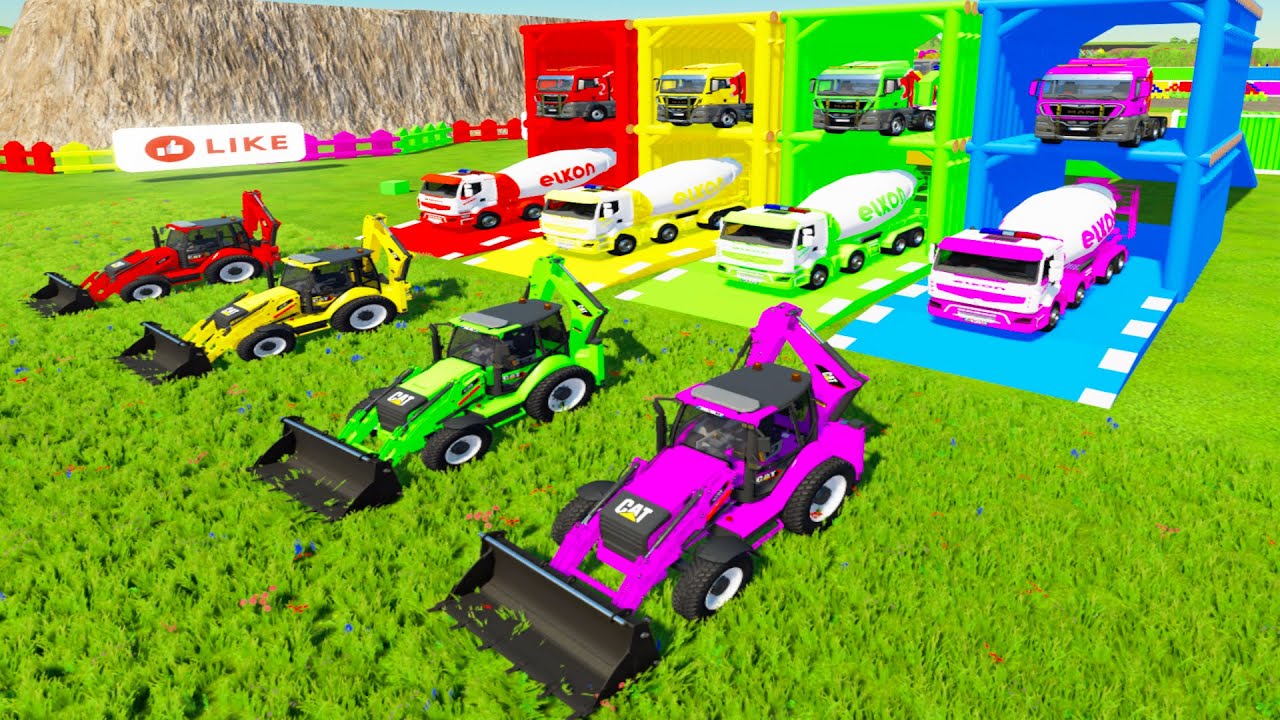 Colorful trucks - ALL COLORFUL CAT BACKHOE EXCAVATOR, RENAULT MIXER TRUCK TRANSPORTING TO GARAGE
