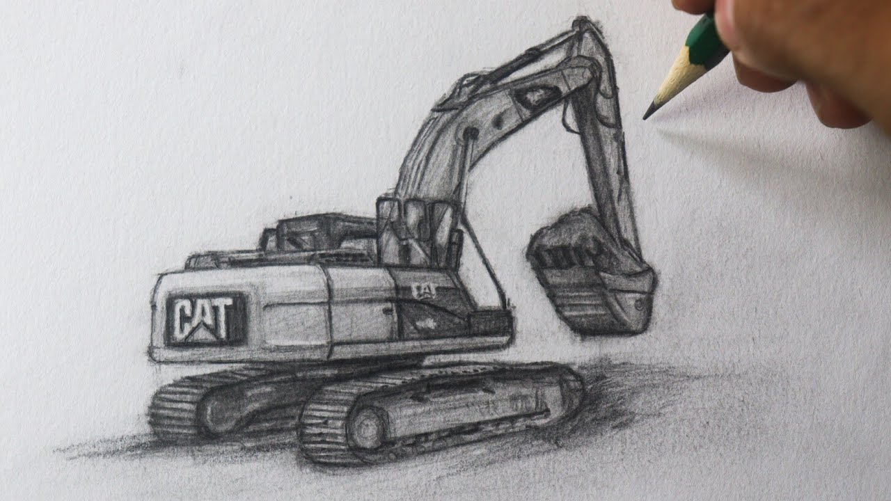 Como desenhar uma Escavadeira CAT realista Fácil