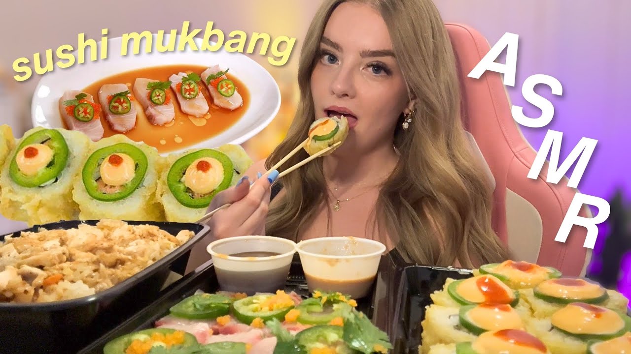 ASMR sushi mukbang 🍣 🍱 vegas roll, yellowtail, fried rice