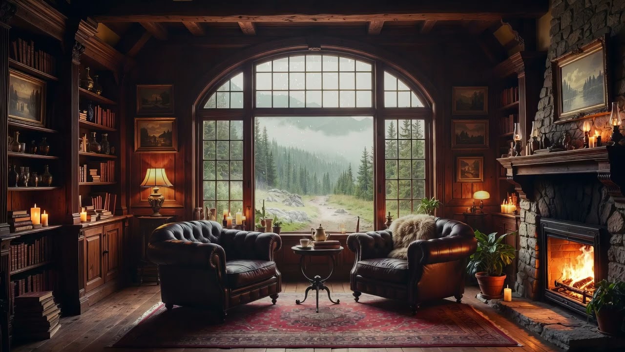 Scotland Ambience In the Highlands: Cozy Calming Library Fireplace with Celtic Music & Rain Sounds
