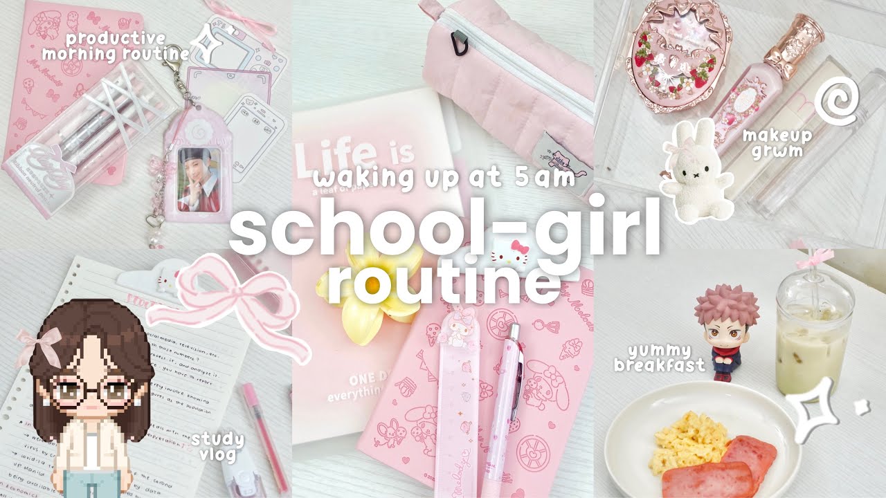SCHOOL-GIRL ROUTINE🥛🎀 waking up at 5am, productive morning routine, grwm for school, aesthetic vlog