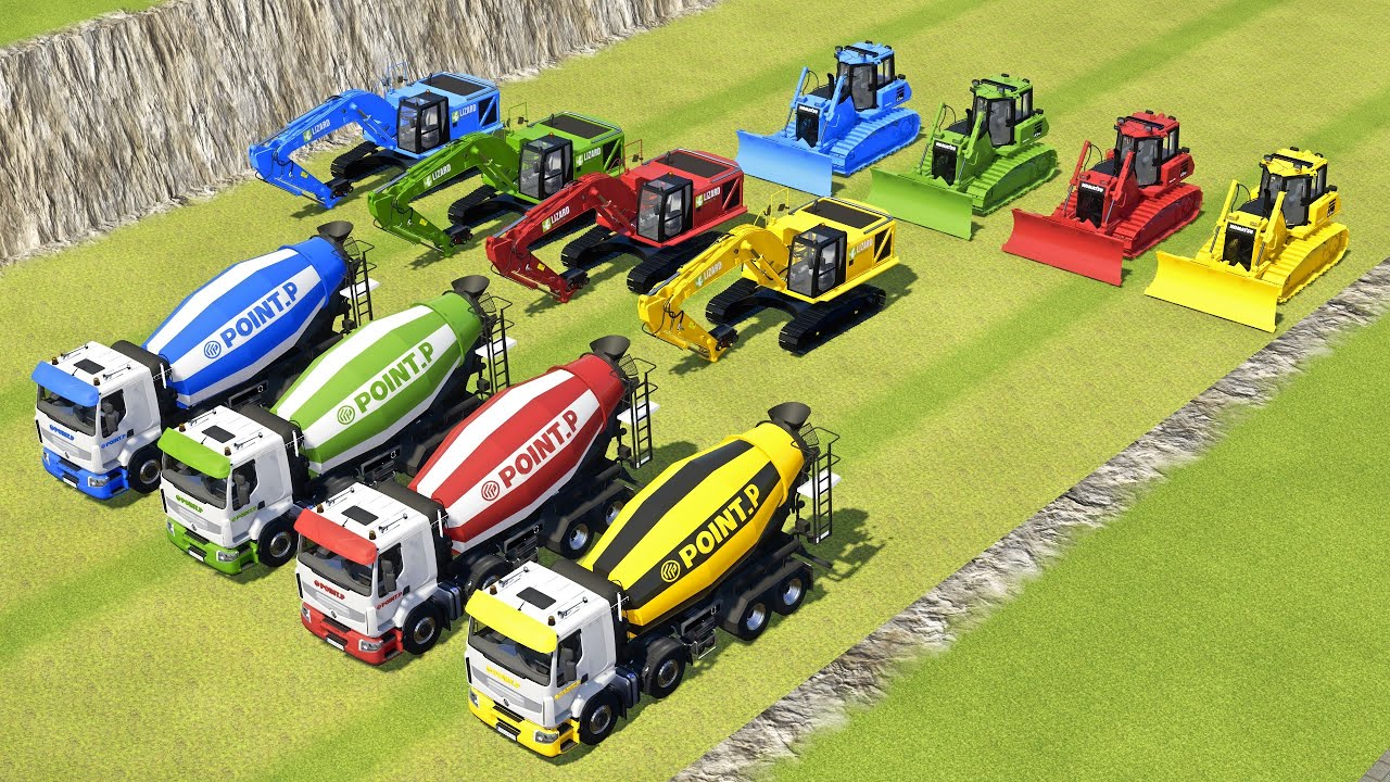 MERCEDES ACTROS TRUCK TRANSPORTING BULLDOZER, POINT MIXER TRUCK, EXCAVATOR TO NEW GARAGE - FS22