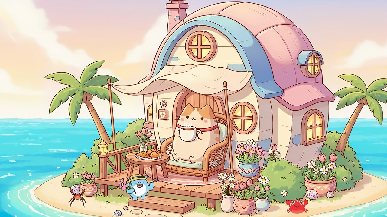 Pusheen's Tropical Island Café 🏝️ Relaxing Lofi Music for Study & Chill ☕️ Aesthetic Beach Vibes