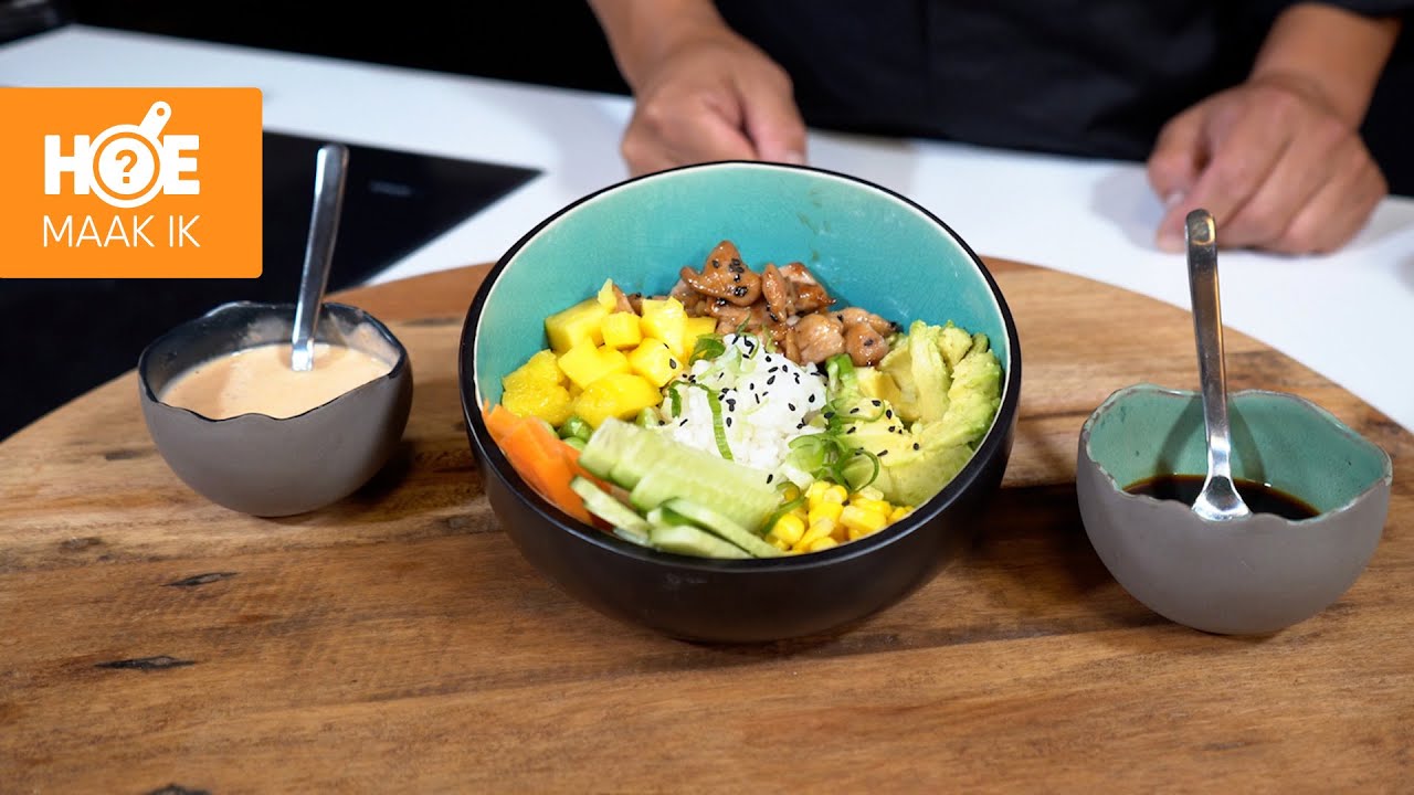Poke bowl met kip teriyaki en sriracha mayonaise | Hoe Maak Ik