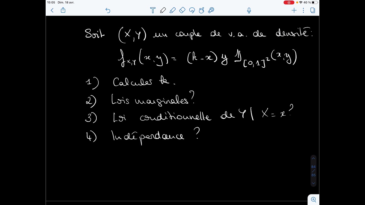 Exercice: Densité jointe, densités marginales et conditionnelles, indépendance