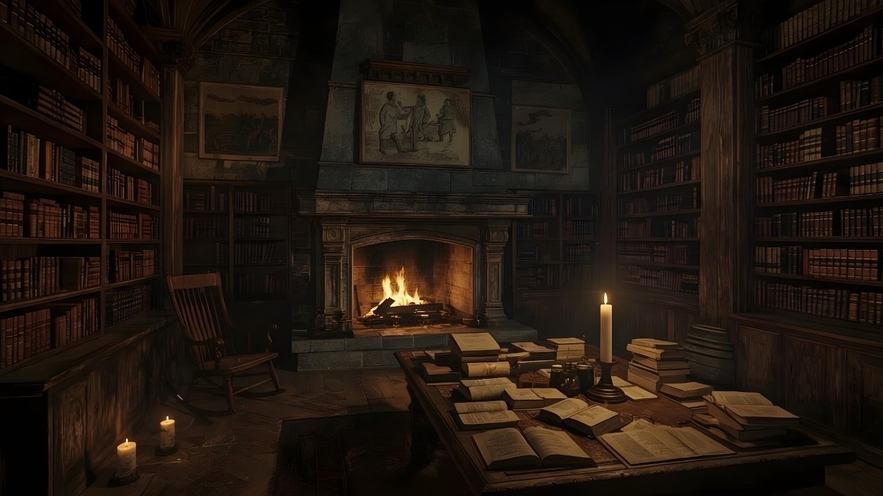 Cozy Old Library Ambience | Rain and fireplace sounds🔥 Study Ambience for Focus | Pluvial Serenity