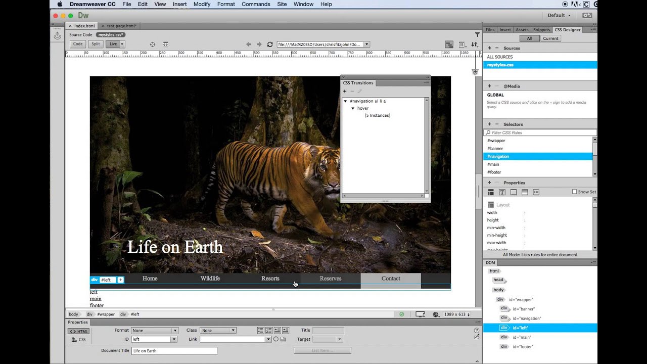 Dreamweaver - using css transitions to add effects to the menu