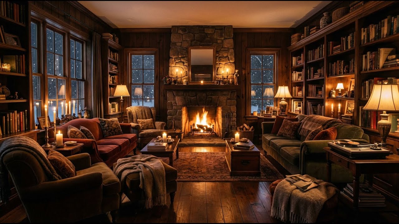Cozy Night in a Warm Room Surrounded by Soft Pillows, Candles, and Snow Outside
