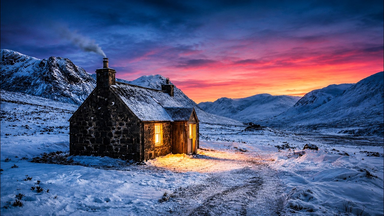 Highland Cabin at Dusk – 3 Hours of Quiet Winter Ambience