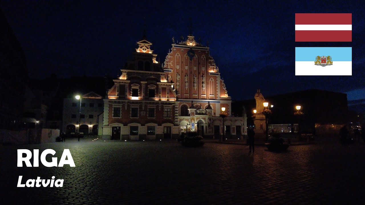 Riga, Latvia. Night walk in Old Town and by Daugava river. 4K