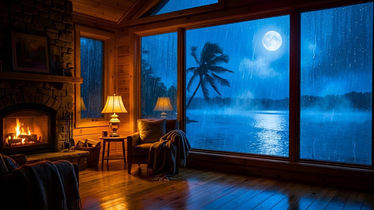 Relaxing Rain Sounds 🌧️ Warm Cabin & Moonlit Ocean | LIVE 4K