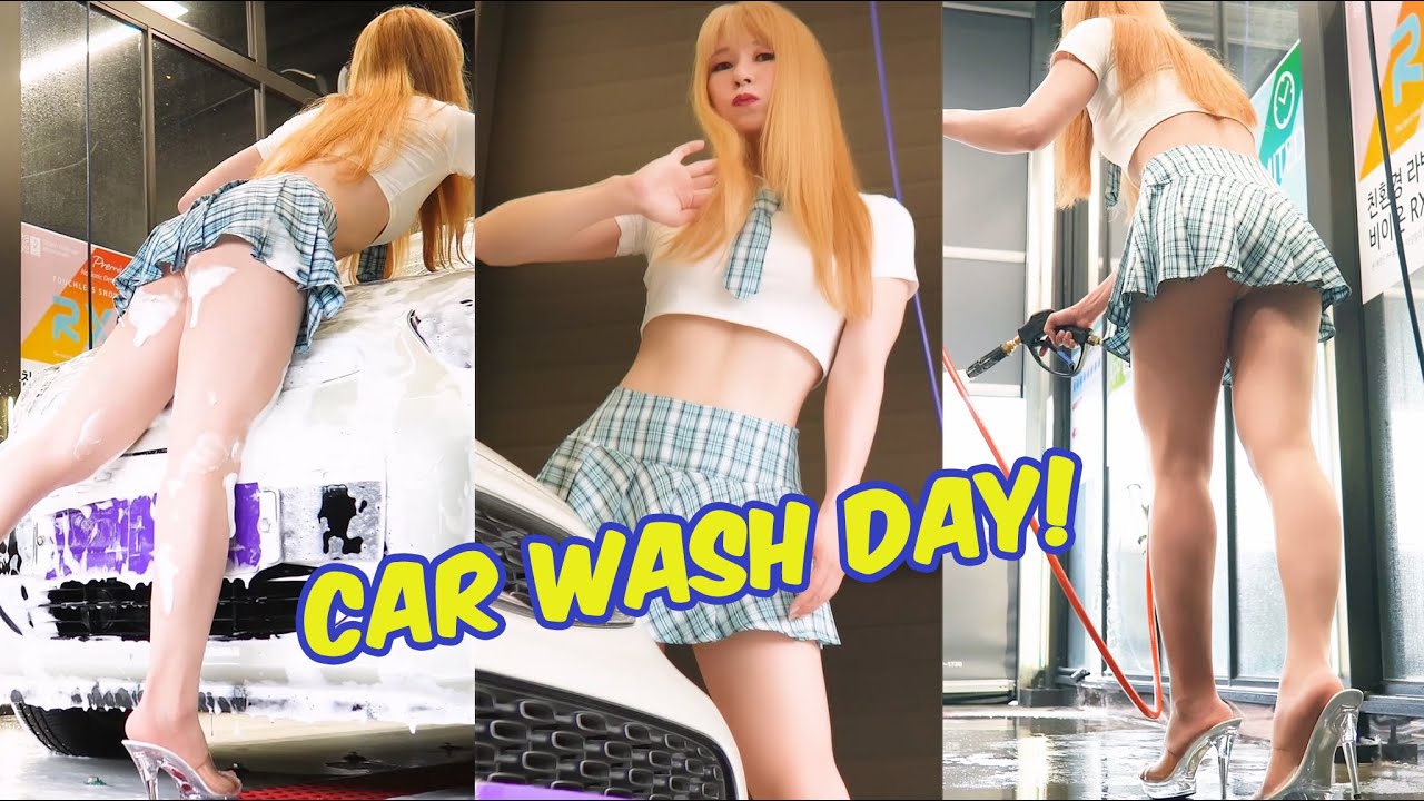 Car Wash Day! 🚙 Bubble Bubble💦💦 feat. School Look & Beige Pantyhose💥