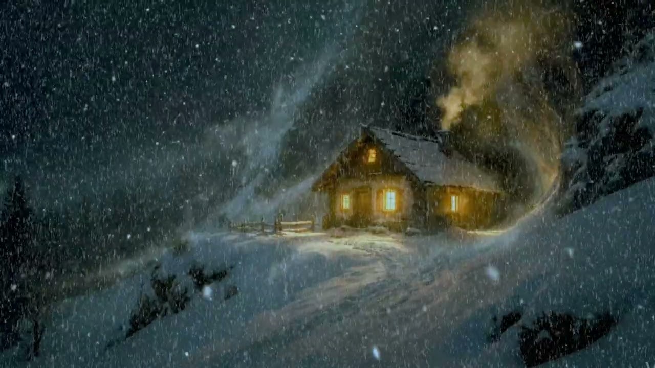 Snowstorm Night at a Cozy Mountain Cabin