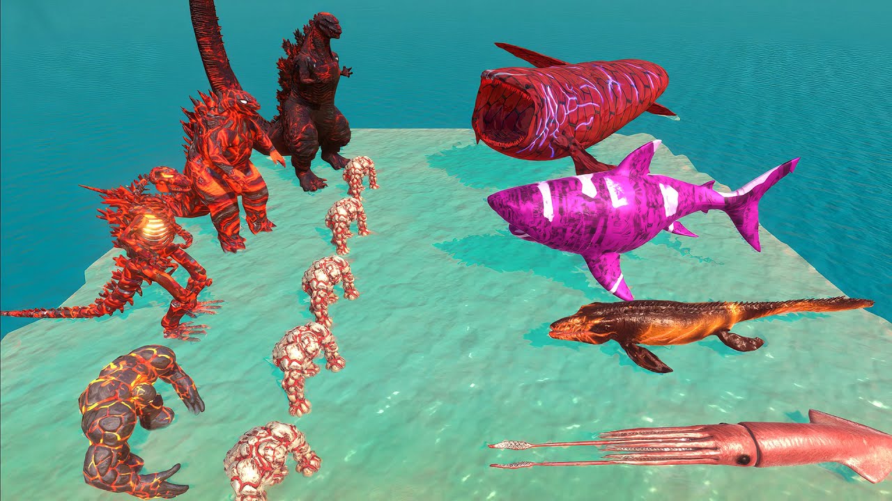 Aquatics Battle - The Bloop VS Lava Team Godzilla 2014 +Shin Godzilla-Animal Revolt Battle Simulator