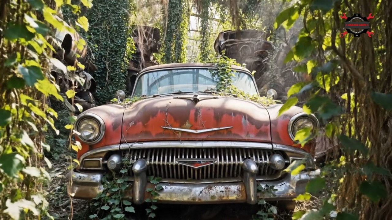 1951 Hudson Hornet, Brilliant Racing Red (faded/rusted), abandoned junkyard setting Garage ASMR