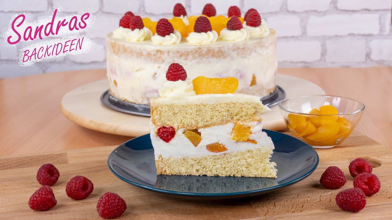 Die Sommertraumtorte - Pfirsich Himbeer Torte mit Kokos und Sahne / Quark Sahne Torte mit Kokosboden
