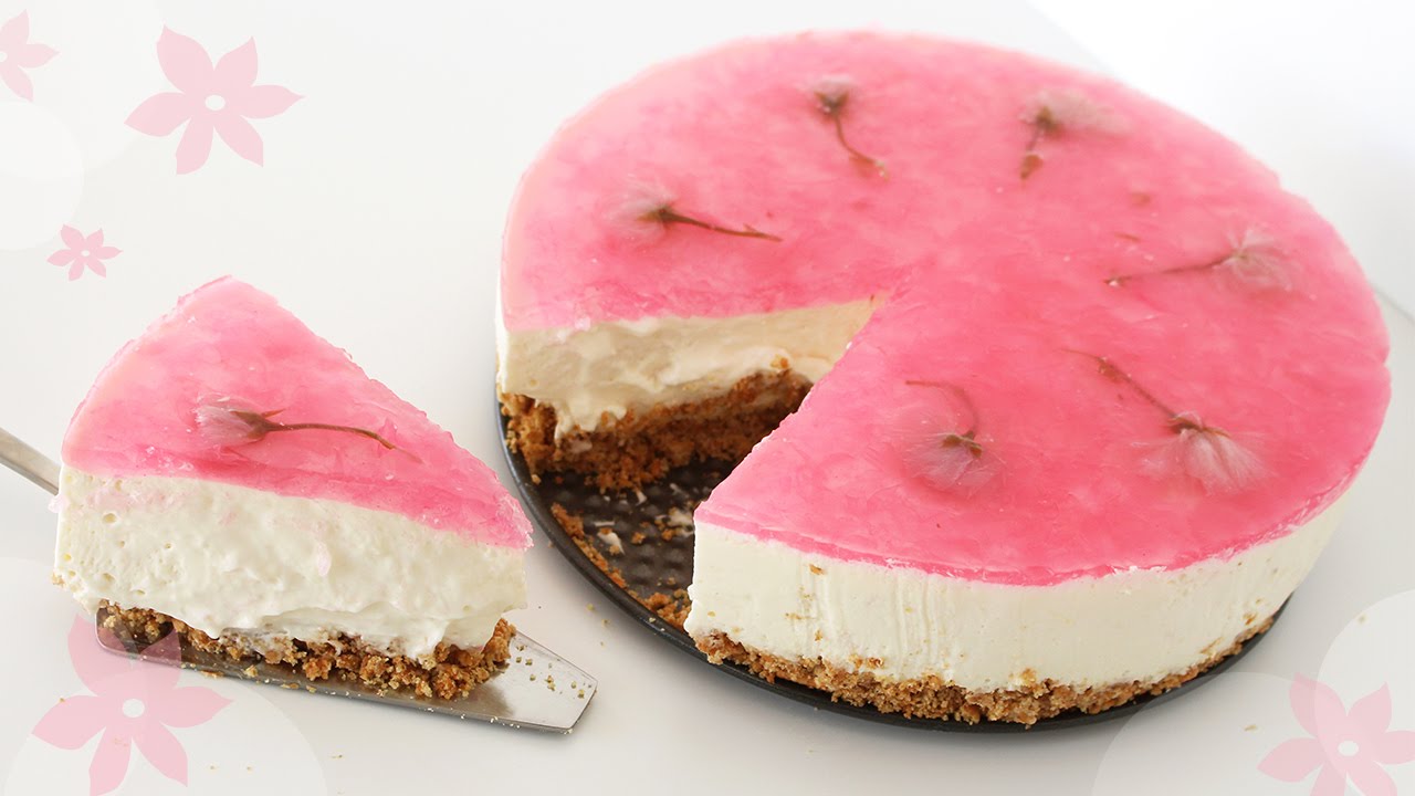 （日本語）Sakura Cherry Blossom No-Bake Cheesecake | 桜のレアチーズケーキ