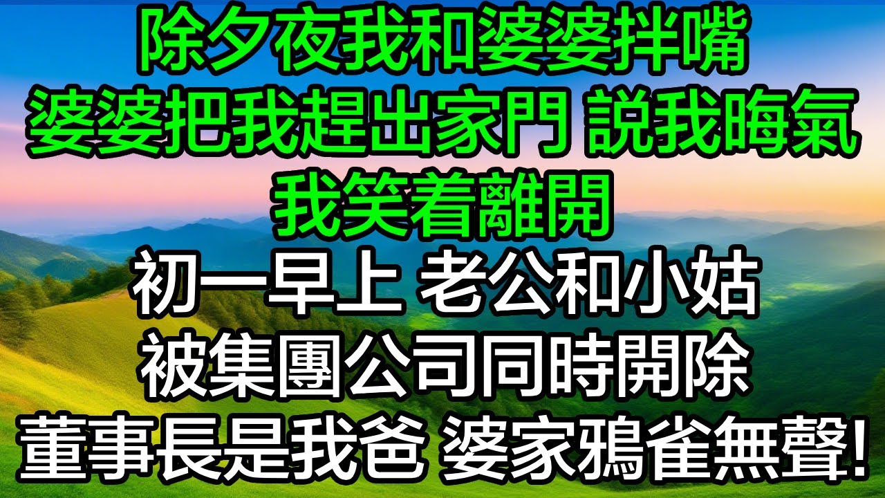 除夕夜我和婆婆拌嘴，婆婆把我趕出家門 說我晦氣，我笑著離開，初一早上 老公和小姑被集團公司同時開除。董事長是我爸，婆家人瞬間鴉雀無聲！