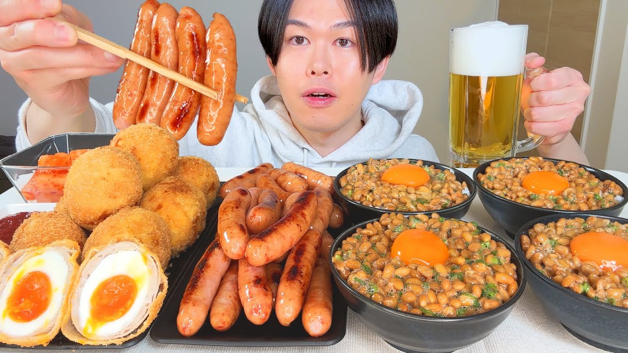 ASMR 納豆ご飯 シャウエッセン 半熟卵フライ Natto, Sausage, Fried Eggs EATING SOUNDS | 咀嚼音 | MUKBANG | 먹방