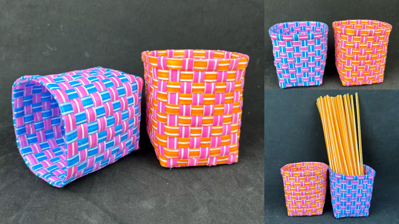 DIY Baskets from Plastic Tube . สานตะกร้าจากหลอดพลาสติก
