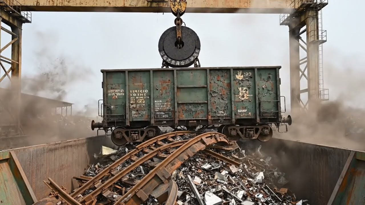 Real Magnet Crane Lifts and Drops a Train Car Into Steel Bin — Heavy Metal ASMR