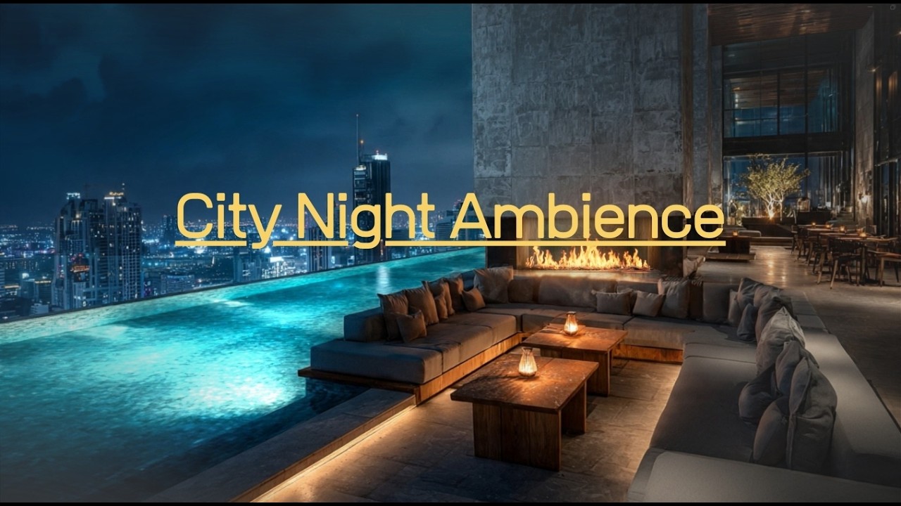 Cozy Rooftop Night 🌧️ City Ambience, Fireplace & Chill Music | Relax, Study, Sleep