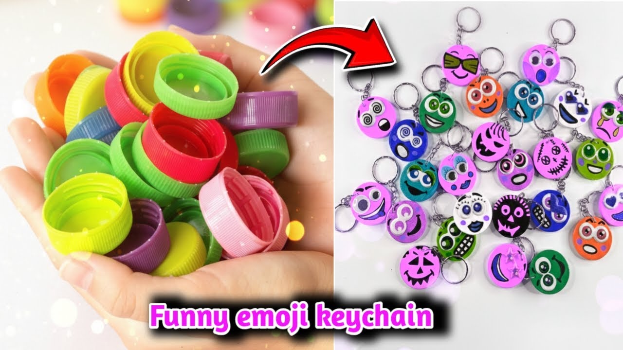 How to Make Funny Colorful Emoji Keychain 😄 | Waste Bottle Cap Craft | Easy DIY at Home