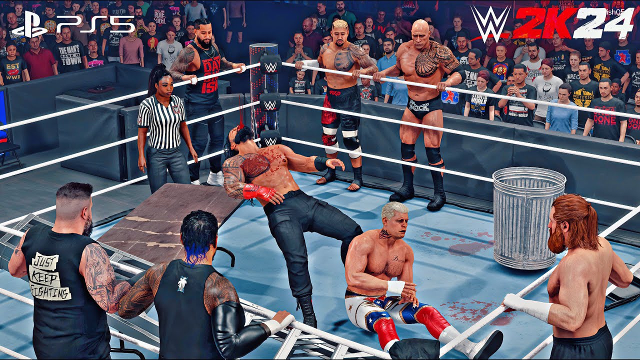 WWE 2K24 - 8 Man Tag | team CODY RHODES vs team ROMAN REIGNS | 😈Hardcore Match PS5 Gameplay 4K