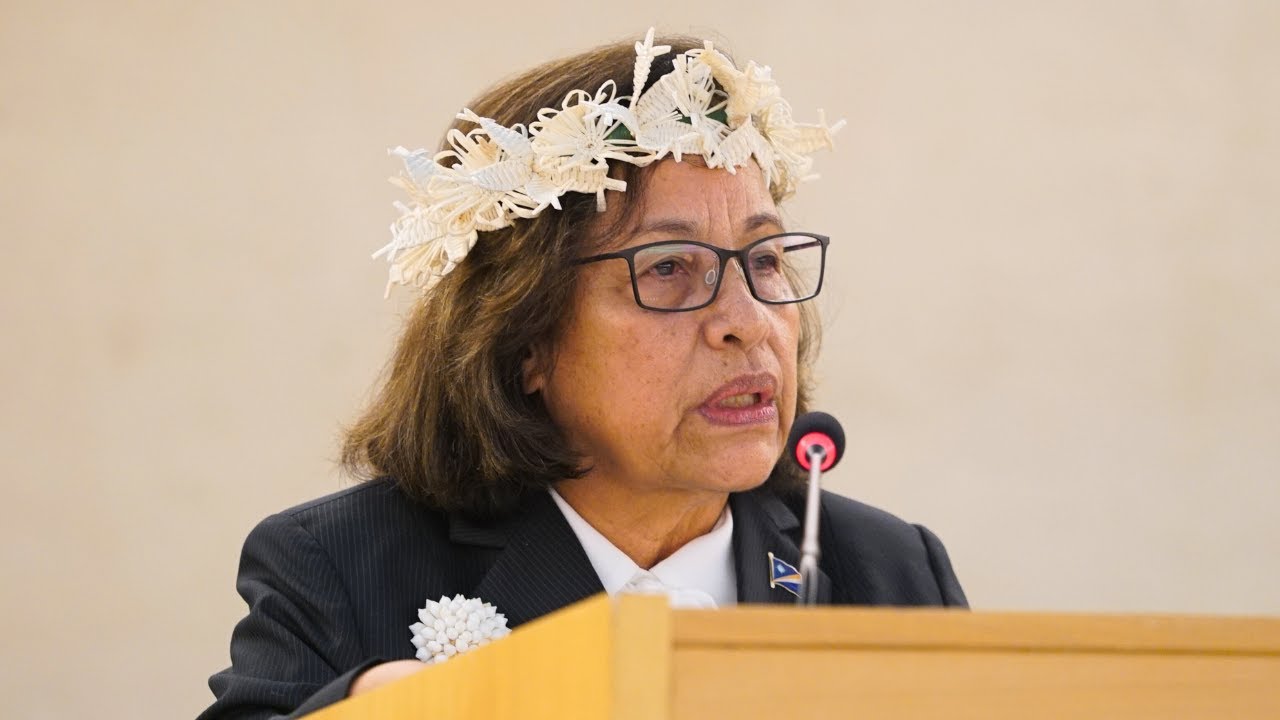 President Hilda Heine of the Marshall Islands addresses the Human Rights Council in Geneva | HRC57