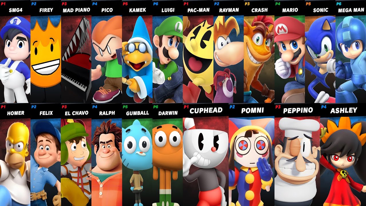 Sonic vs Mario vs Gumball vs Pomni vs Crash vs Cuphead vs El Chavo | Super Smash Bros