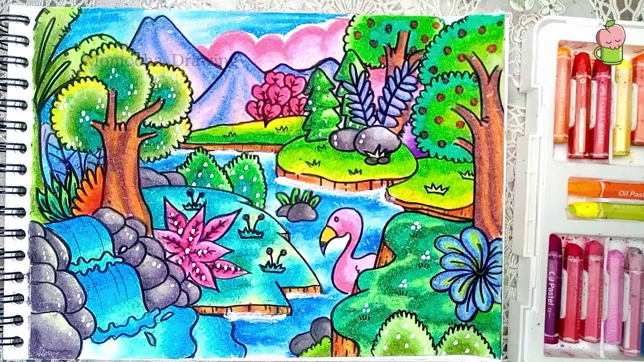 Pemandangan Hutan - Cara menggambar dan mewarnai ilustrasi gradasi warna oil pastel untuk pemula