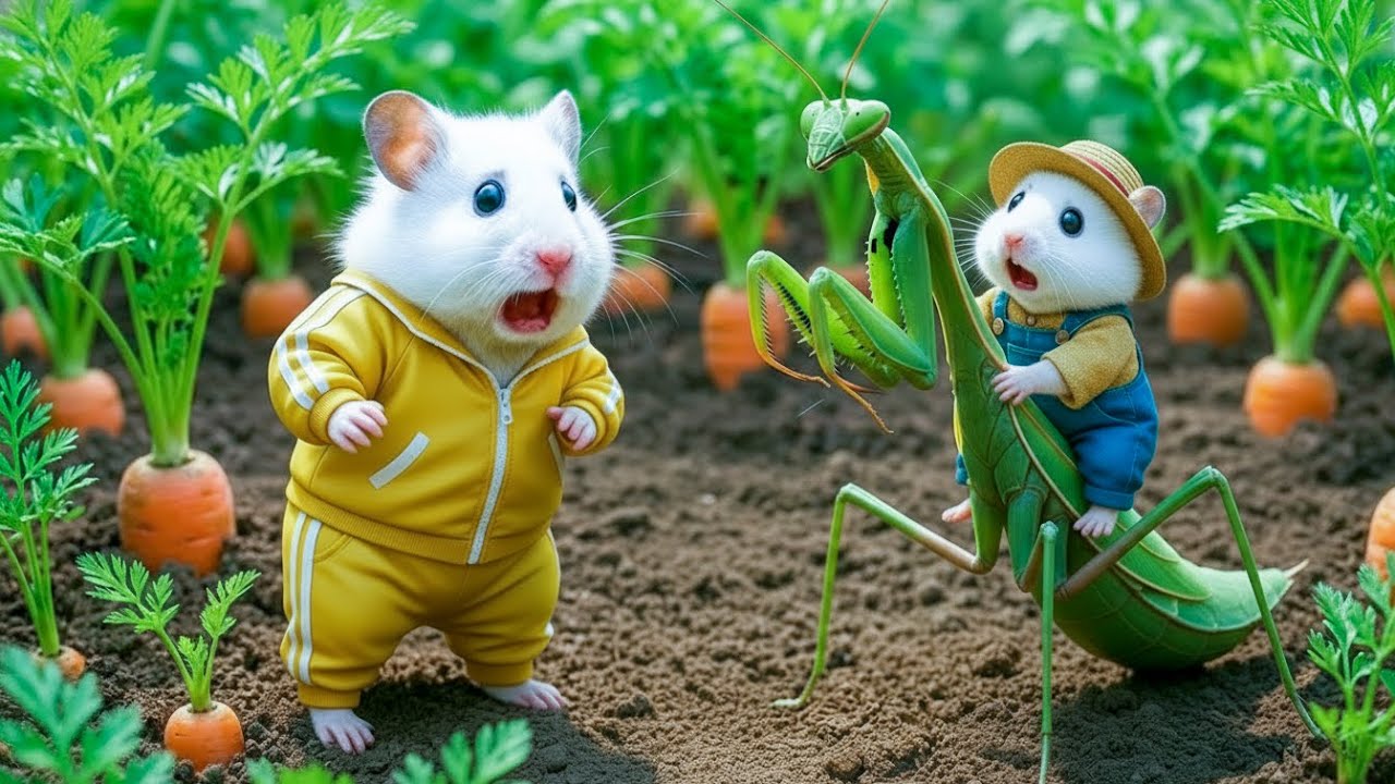 Mama Hamster & Baby Hamster Meet a Praying Mantis  in the Garden 🦗| Cute Story