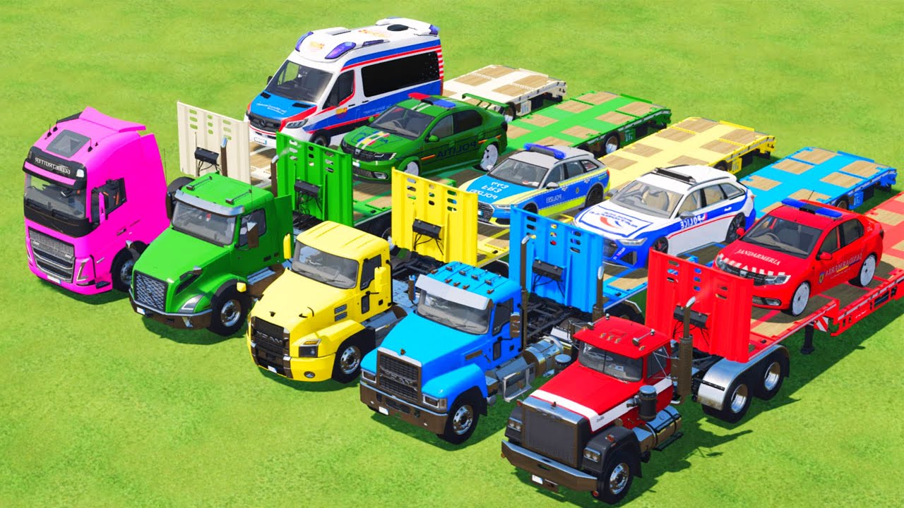 TRANSPORTING PIXAR CARS & FRUITS WITH COLORED & JOHN DEERE vs CLAAS vs TRACTORS - BeamNG.drive #983