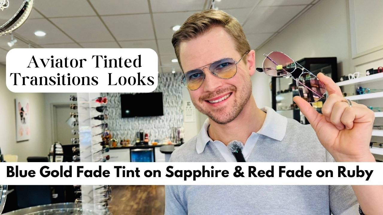 Тонированные переходные линзы в очках RayBan Aviator | Сине-золотой переход на сапфировом и красн...