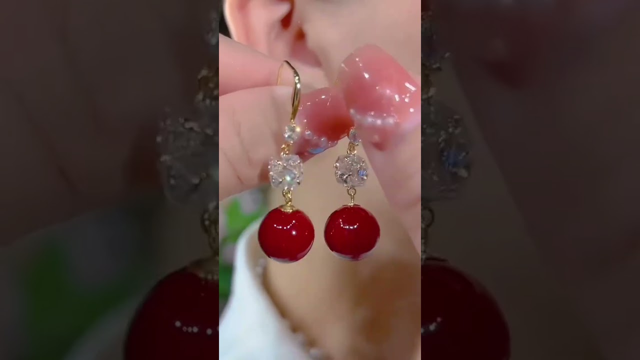 Elegant Red Pearl Drop Earrings | Luxury Gold & Crystal Design