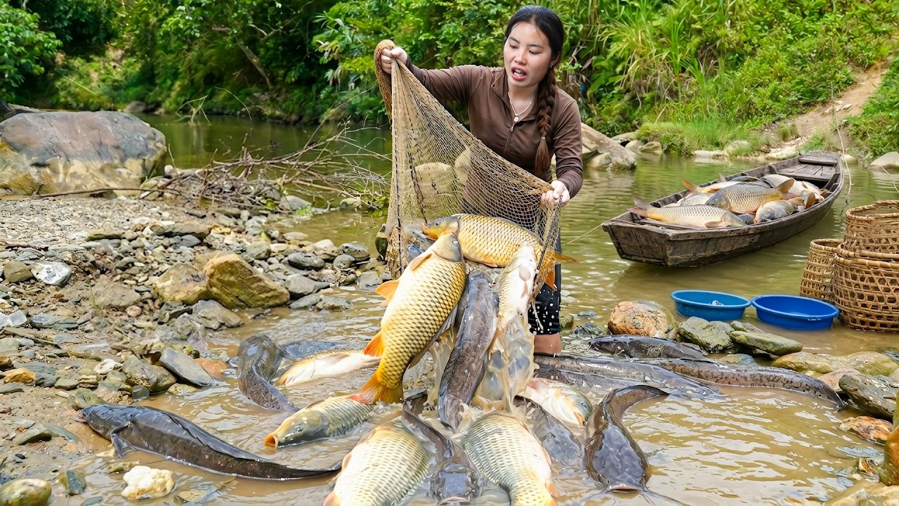 Catching a Big School of Fish for the Market | Cooking Nutritious Fish Porridge for My Kids