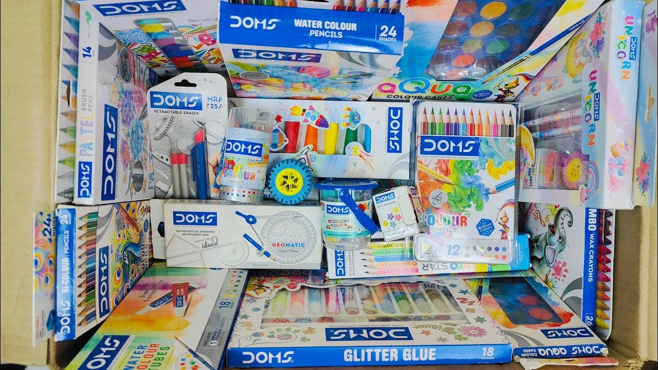 Unboxing New DOMS Stationery📚 Geometry Box, Sharpener, Pen, Clay, Pencil Colour, Cryons Colour etc.