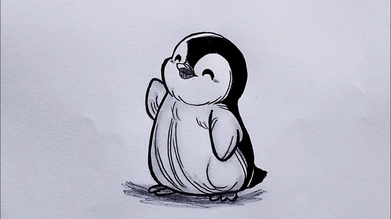 Easy penguin drawing - How to draw an animal picture in pencil, step by step