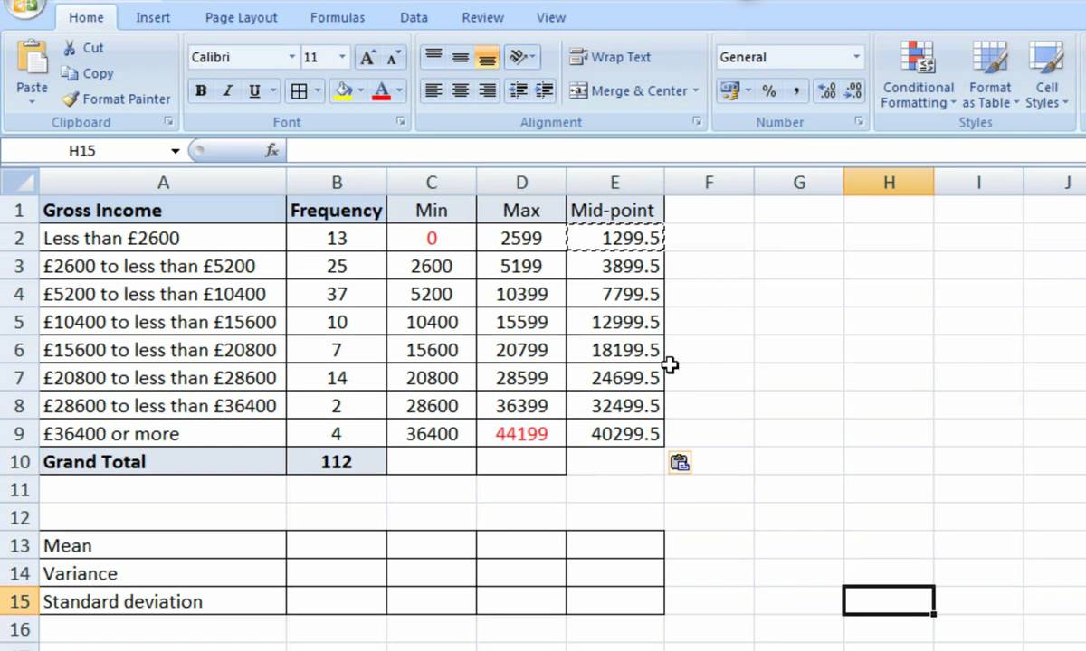 Mean, variance & SD for grouped data