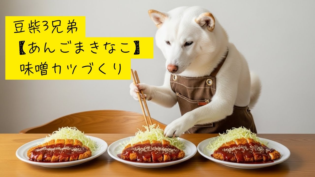 豆柴3兄弟【あんごまきなこ】味噌カツづくり・Shibainu Trio's Making Miso Katsu