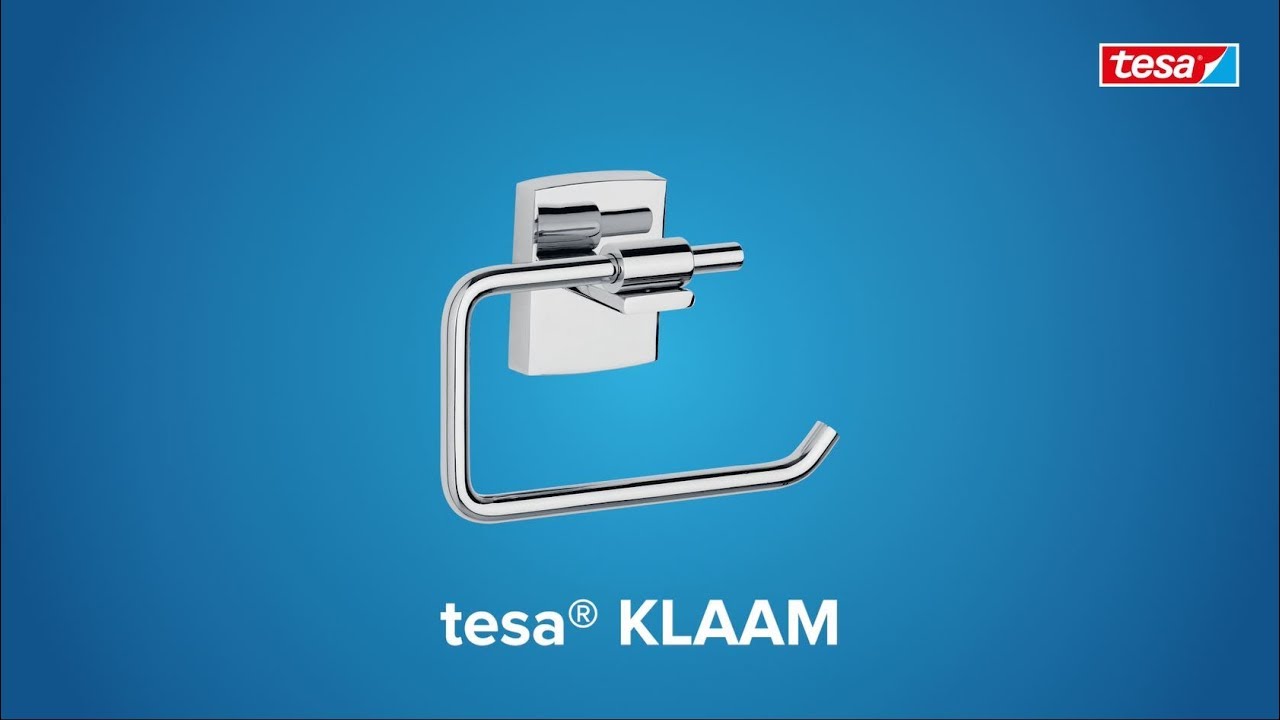 How to use the chromed, angular tesa® Klaam self-adhesive toilet paper holder