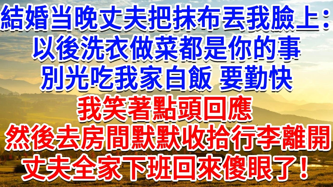 結婚当晚丈夫把抹布丟我臉上：以後洗衣做菜都是你的事，別光吃我家白飯 要勤快。我笑著點頭回應，然後去房間默默收拾行李離開，當晚丈夫全家下班回來傻眼了！#生活經驗#情感故事#故事#小說#戀愛#情感#婚姻