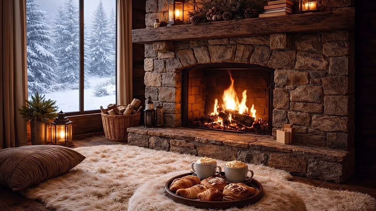 Snowstorm Cabin Fireplace 🔥 Cozy Winter Ambience with Crackling Fire Sounds for Sleep & Relaxing