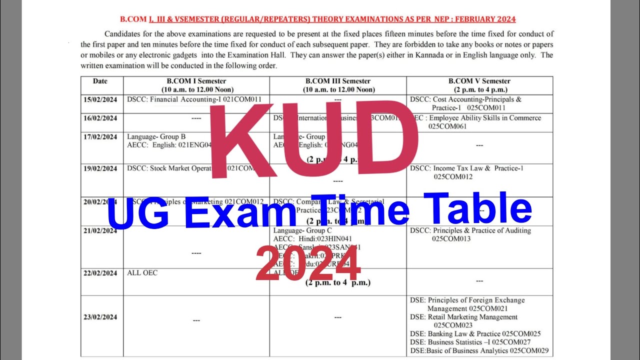 KUD Exam Time Table 2024 | B.Com | NEP | UG | Karnatak University Dharwad |