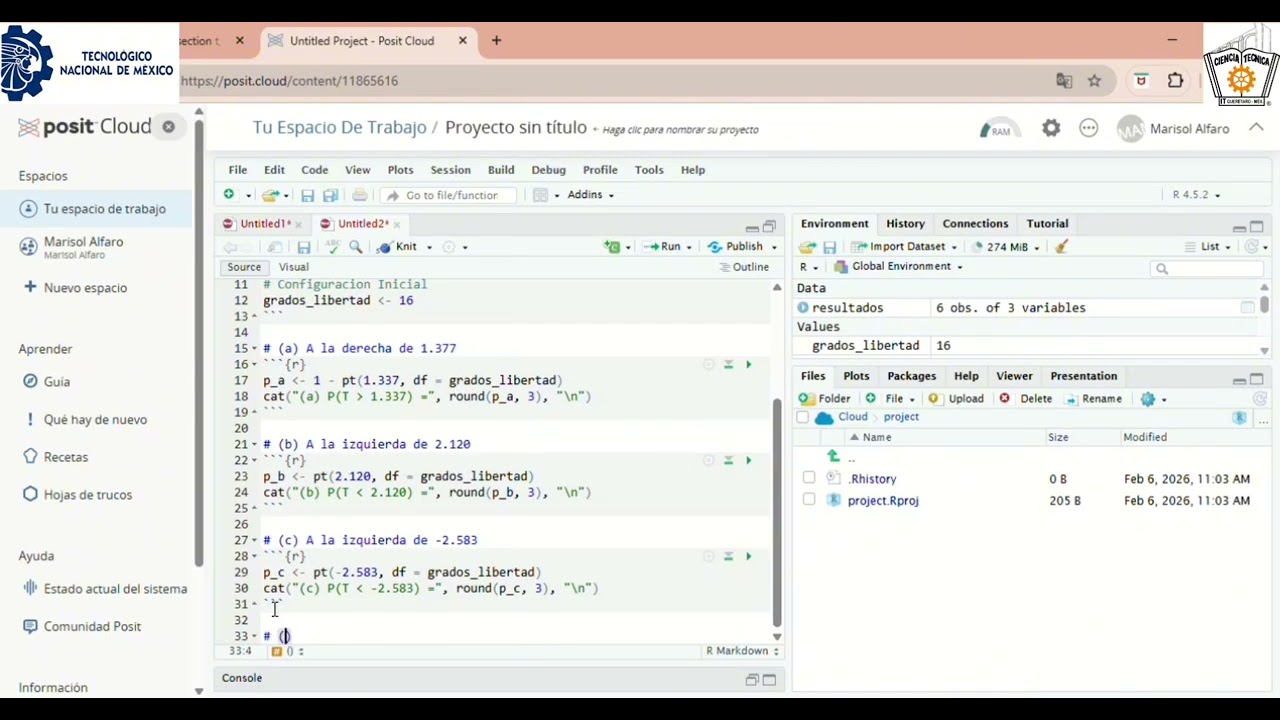 Cómo hallar áreas en la distribución t usando Posit Cloud (RStudio)